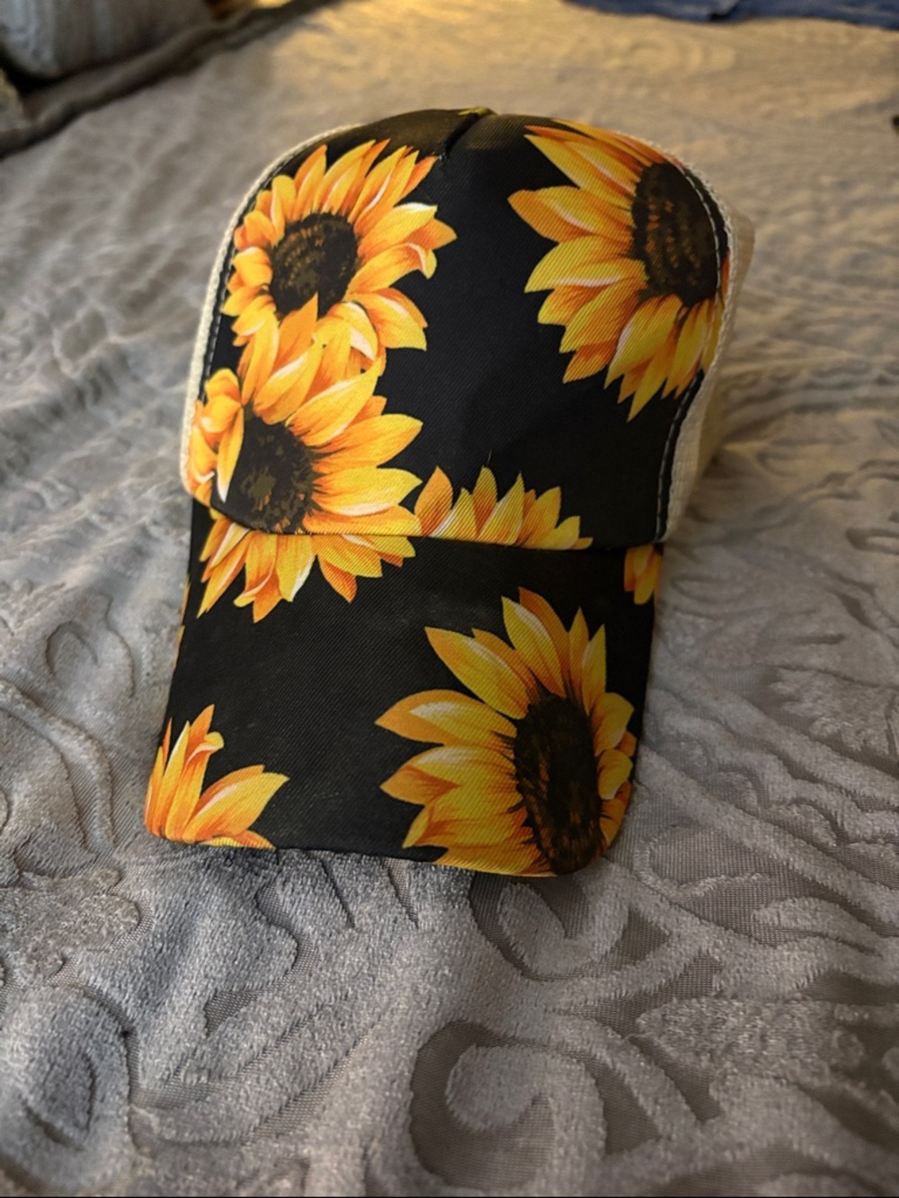 Sunflower Print Trucker Ponytail Hat -